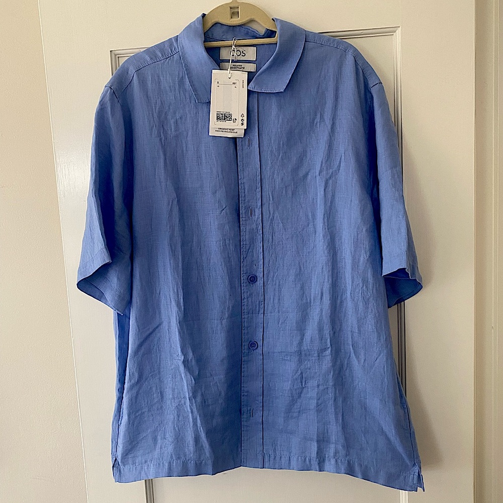 COS Blue hemp relaxed fit short sleeve shirt.